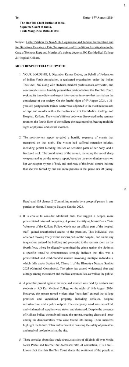 aisu4westbengal's tweet photo. Today, we  @Official_aisu has sent a Letter Petition to the Hon'ble Chief Justice of India, signed by 467 people, regarding the RGKAR incident.
#JusticeForMoumita
 #KolkataDoctorDeath  #RGKarMedicalCollegeHospital #KolkataDeathCase https://t.co/NfLe3f9n6Q