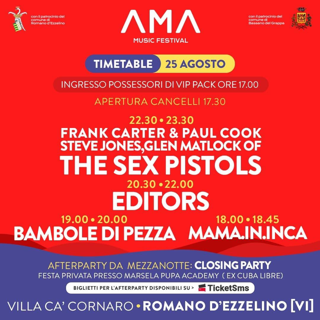 Ecco gli orari ufficiali per la giornata di domenica 25 agosto a <a href="/AmaFestival/">AMA Music Festival</a>: da scaletta gli <a href="/editorsofficial/">EDITORS</a> suoneranno dalle 20:30 alle 22:00.
Buon concerto a tutti! 🔥 #editors