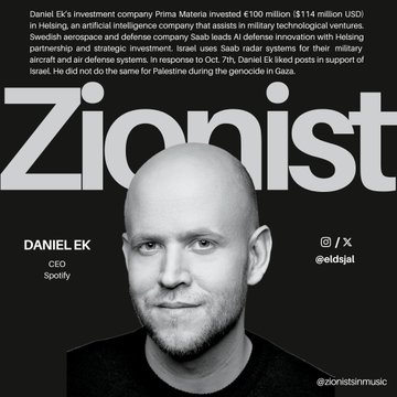 wherepond's tweet image. According to Zionists in Music @zionistsinmusic the  CEO of Spotify Daniel Ek  (@eldsjal) invests in military AI technology &amp;amp; supports Israel.
So I cancelled my Spotify subscription &amp;amp; used the FreeMyMusic app to transfer my playlists to SoundCloud 
#boycottSpotify
#freePalestine