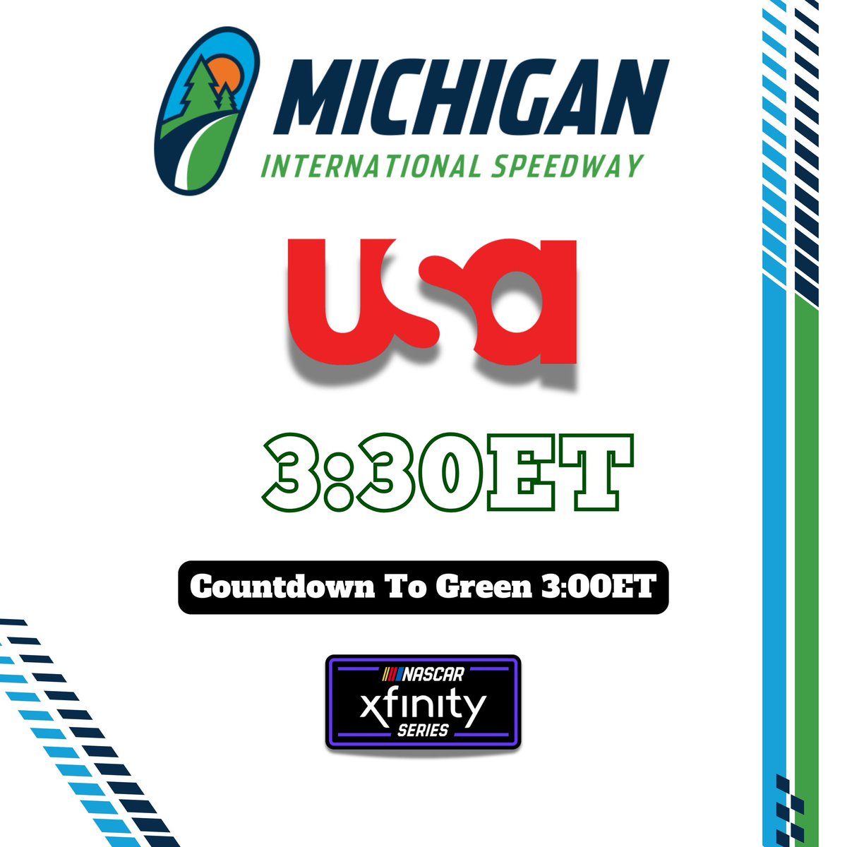 Sports & Entertainment Media 🎥🏁🎸🏈 (@entsportmedia) on Twitter photo 🎥🏁 In-Car Cameras for today’s <a href="/NASCAR_Xfinity/">NASCAR Xfinity</a> race at <a href="/MISpeedway/">Michigan International Speedway</a> on <a href="/USANetwork/">USA Network</a> at 3:30ET: #21, #26, #97
3:00ET- Countdown To Green (USA)
<a href="/RickAllenracing/">Rick Allen</a> <a href="/JeffBurton/">Jeff Burton</a> <a href="/SteveLetarte/">Steve Letarte</a> will have the race call 🎙️! 🎥🏁 In-Car Cameras for today’s <a href="/NASCAR_Xfinity/">NASCAR Xfinity</a> race at <a href="/MISpeedway/">Michigan International Speedway</a> on <a href="/USANetwork/">USA Network</a> at 3:30ET: #21, #26, #97
3:00ET- Countdown To Green (USA)
<a href="/RickAllenracing/">Rick Allen</a> <a href="/JeffBurton/">Jeff Burton</a> <a href="/SteveLetarte/">Steve Letarte</a> will have the race call 🎙️!