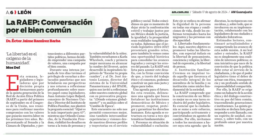 La #RAEP nos invita a mirar más allá de la confrontación política y trabajar juntos por un México donde la justicia y la igualdad sean una realidad. 🌟 Conoce más sobre nuestra agenda ética y compromisos en mi columna bit.ly/3X5Tfk6. #BienComún #ÉticaPolítica