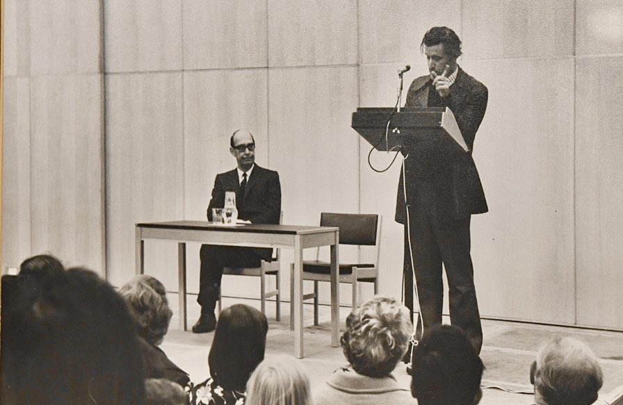 Ted Hughes, born 18th August 1930, became Poet Laureate in 1984 until his death in 1998.
Here is Hughes reading his poetry at Middleton Hall, invited by "England's other Poet Laureate" Philip Larkin, our librarian at the time. 
#TedHughes #PhilipLarkin #UniversityofHull