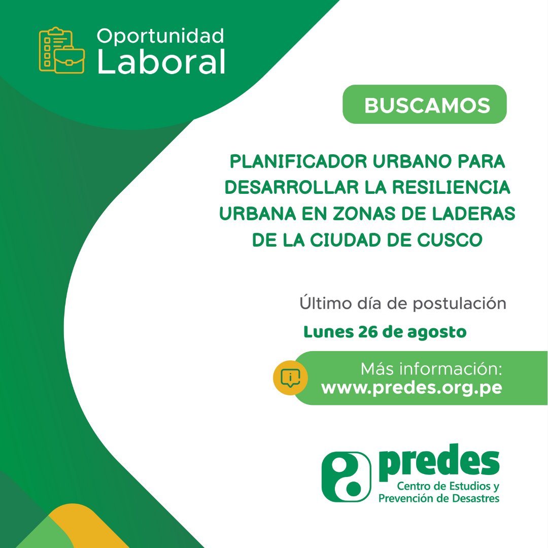 predes_org's tweet photo. #ConvocatoriaLaboral
Se requiere un planificador(a) urbano para desarrollar la resiliencia urbana en zonas de laderas.
Mayor información: https://t.co/9aESboPxH6 https://t.co/gGmGsINsTD