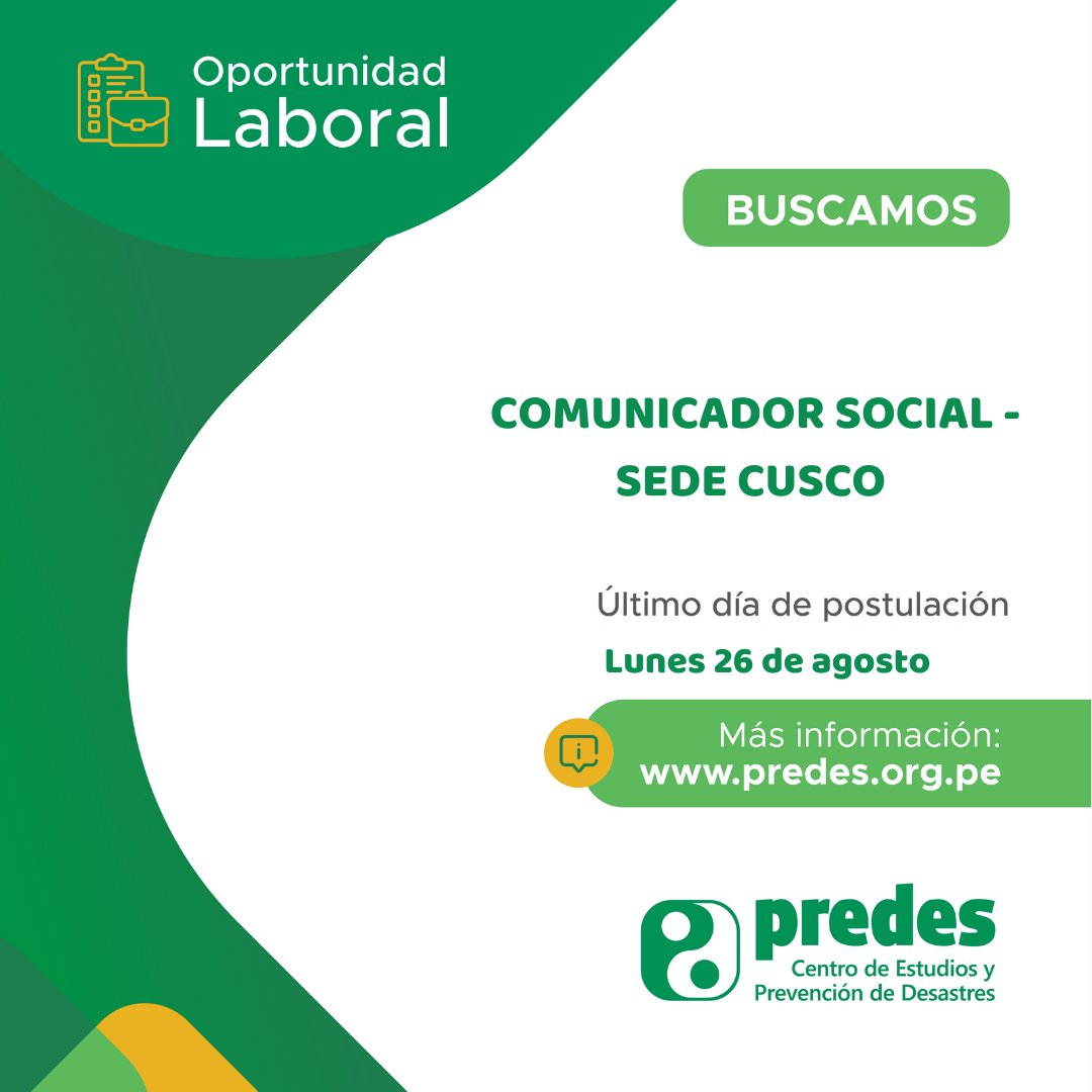 predes_org's tweet photo. #ConvocatoriaLaboral
Se requiere un comunicador(a) para la sede de Cusco
Mayor información: https://t.co/KUX1NyF6EB https://t.co/fhEnfuPEkS