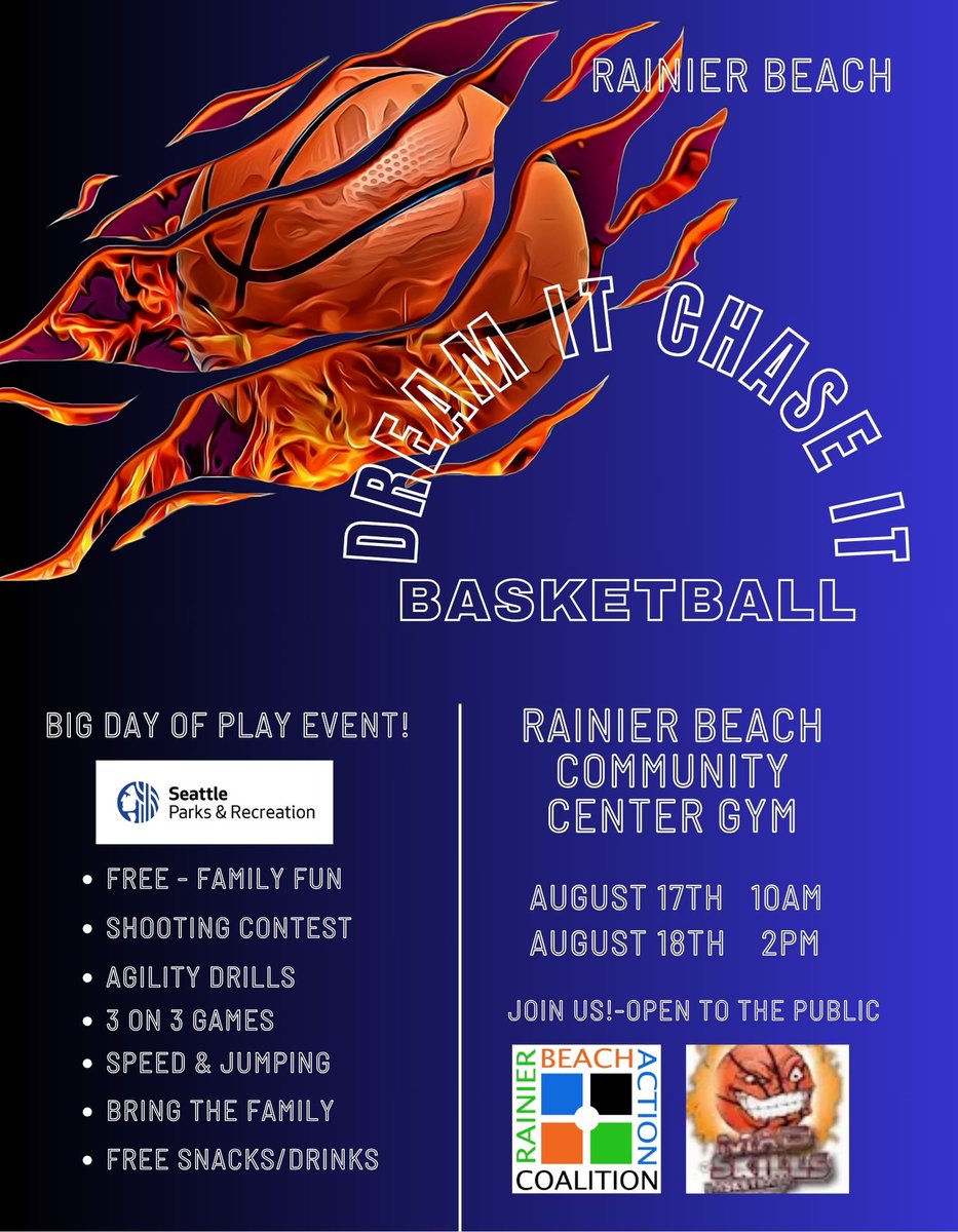 FN_Makayla's tweet photo. @Washington @HomeSightWA Also bring your family by the Rainier Beach Community Center gym to participate it in Dream It, Chase It  Basketball event. There will be shooting contests,agility drills, and 3 on 3 games. Starting at 10 am as part of the Big Day of Play. There will be free snacks and drinks! https://t.co/59nRiCMqU9