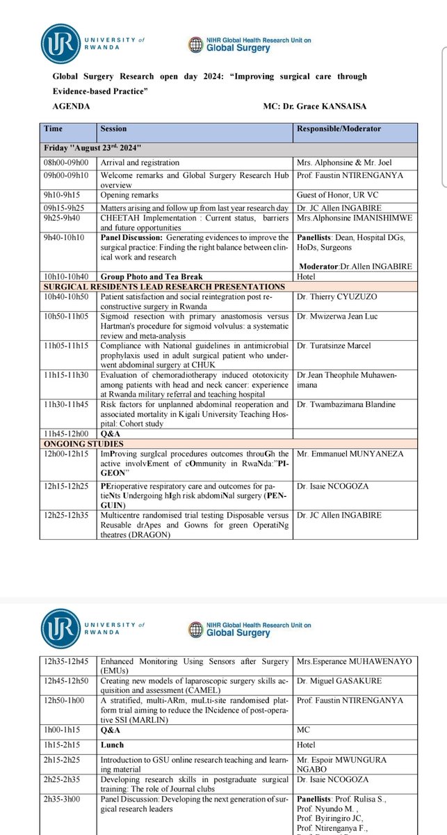 We are organizing <a href="/GSU_Rwanda/">Global Surgery Research Hub Rwanda</a>  <a href="/Uni_Rwanda/">University of Rwanda</a> the 3rd Global Surgery Research Open Day on Friday 23rd, Aug 24 at Lemigo Hotel,Kigali.
#ImprovingSurgicalCare  #Evidence_basedPractice 
Book the day &amp;Join us <a href="/kfaisalhospital/">King Faisal Hospital Rwanda</a> <a href="/HospitalChuk/">University Teaching Hospital of Kigali/CHUK</a> <a href="/RBCRwanda/">Rwanda Biomedical Centre</a> <a href="/RwandaHealth/">Ministry of Health | Rwanda</a> <a href="/NIHR_GSU/">NIHR Global Surgery</a> <a href="/chu_butare/">CHUB</a>