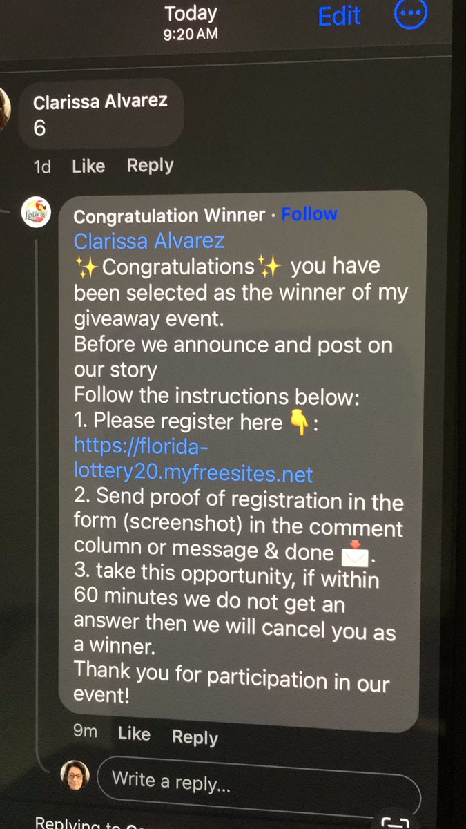 clarissap2's tweet photo. @floridalottery do you know about this scam??? When you go to the website they ask for a credit card that won’t be charged!  Please spread this information around to all of your followers!! https://t.co/h1OTduvrNu