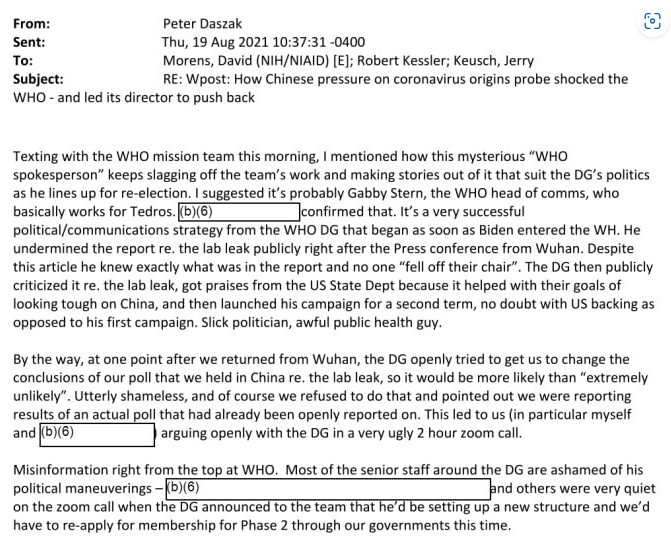 New FOIA'd email:

Remember when a Wuhan lab leak was deemed "extremely unlikely?"

WHO Director-General Tedros and Wuhan Institute of Virology collaborator Peter Daszak clashed over this is a "very ugly" Zoom meeting.

usrtk.org/covid-19-origi…