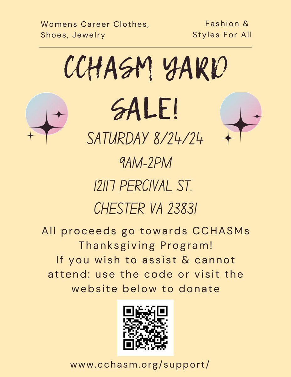 CCHASM_VA's tweet photo. Hey Friends! Don't forget the CCHASM Yard Sale is 8/24/24 9am-2pm! Can't make it? Consider making MONETARY donations at https://t.co/KquiUFrixl Proceeds go towards our Thanksgiving Meal Program! #CCHASM #foodinsecurity #womensclothing #nonprofits #chesterfieldVA #EverythingMustGo https://t.co/F2MeQ0EcZO