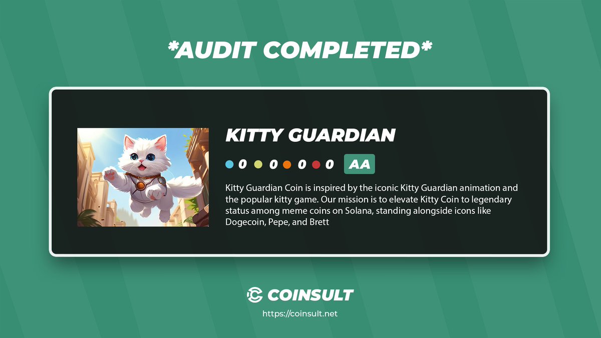 CoinsultAudits's tweet image. 🔒 AUDIT COMPLETED FOR KITTY GUARDIAN

🎁 GIVEAWAY: $10 (48 hours)

1⃣ Follow @kittyguardian_ &amp;amp; @CoinsultAudits
2⃣ Like + RT this tweet
3⃣ Place a comment 💬

Go check out the full project page of Kitty Guardian 👇
coinsult.net/projects/kitty…

#giveaway #audit #smartcontract…