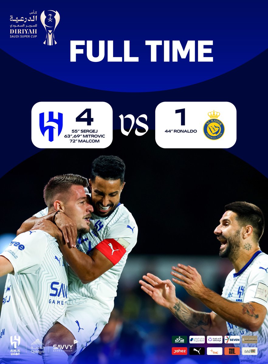 Alhilal_EN's tweet photo. It’s the final whistle 🔚
4-1 at the end of the final ⚽️

Congratulations 💙 
#AlHilal 🔝 

 #AlHilalvAlNassr https://t.co/vvZyCvxivS