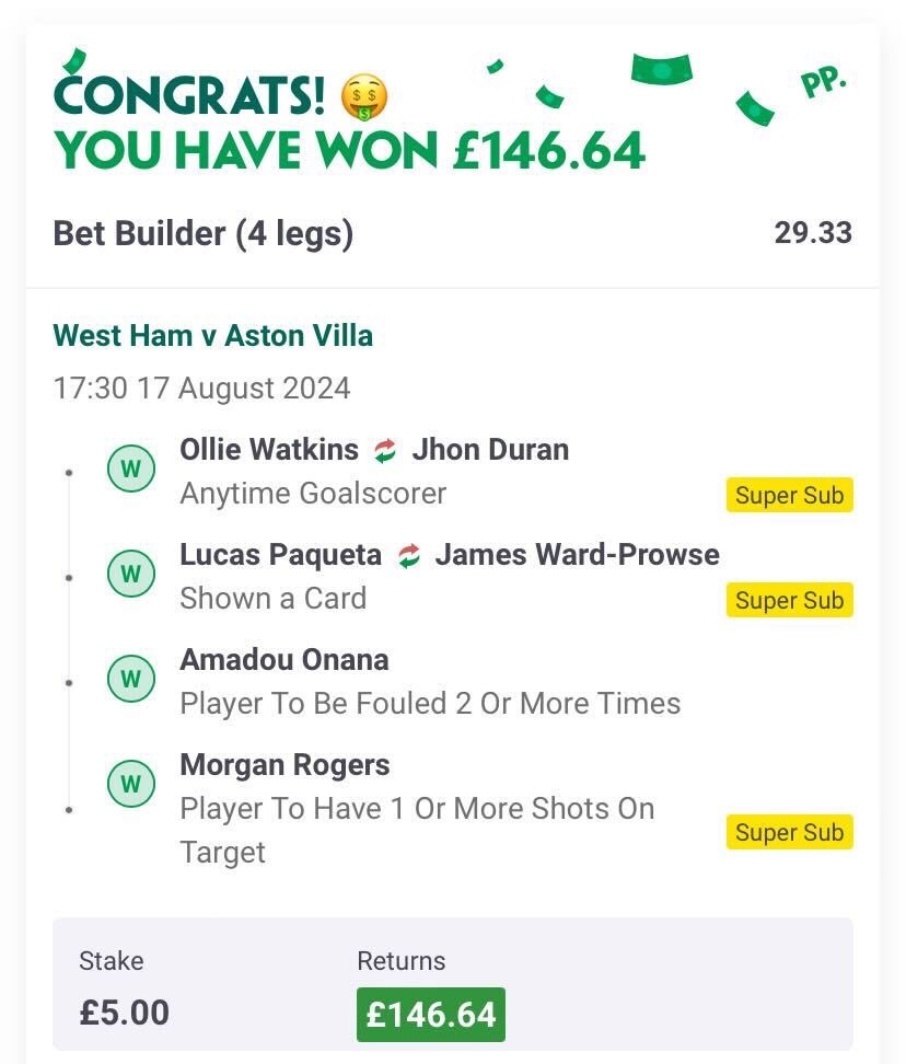 BadManBetting's tweet image. ✅ 28/1 WEST HAM V ASTON VILLA WINNER!!!

DURAAAAAANNNNNN YOU HERO!

£146 FROM A FIVER, SMASH LIKE ❤️ FOR MORE LONGSHOTS!

LET ME SEE YOUR WINNING SLIPS!