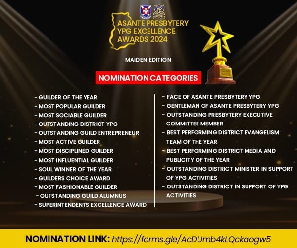 AsanteYPG's tweet photo. NOMINATIONS ARE STILL OPEN! 🤩
Exciting times ahead, do you know that one YPG Guilder who deserves to be recognised in that special kind of way for their outstanding performance when it comes to service, dedication, commitment, evangelism, entrepreneurship, and many others?
#YPG https://t.co/aXpWeeUsPx