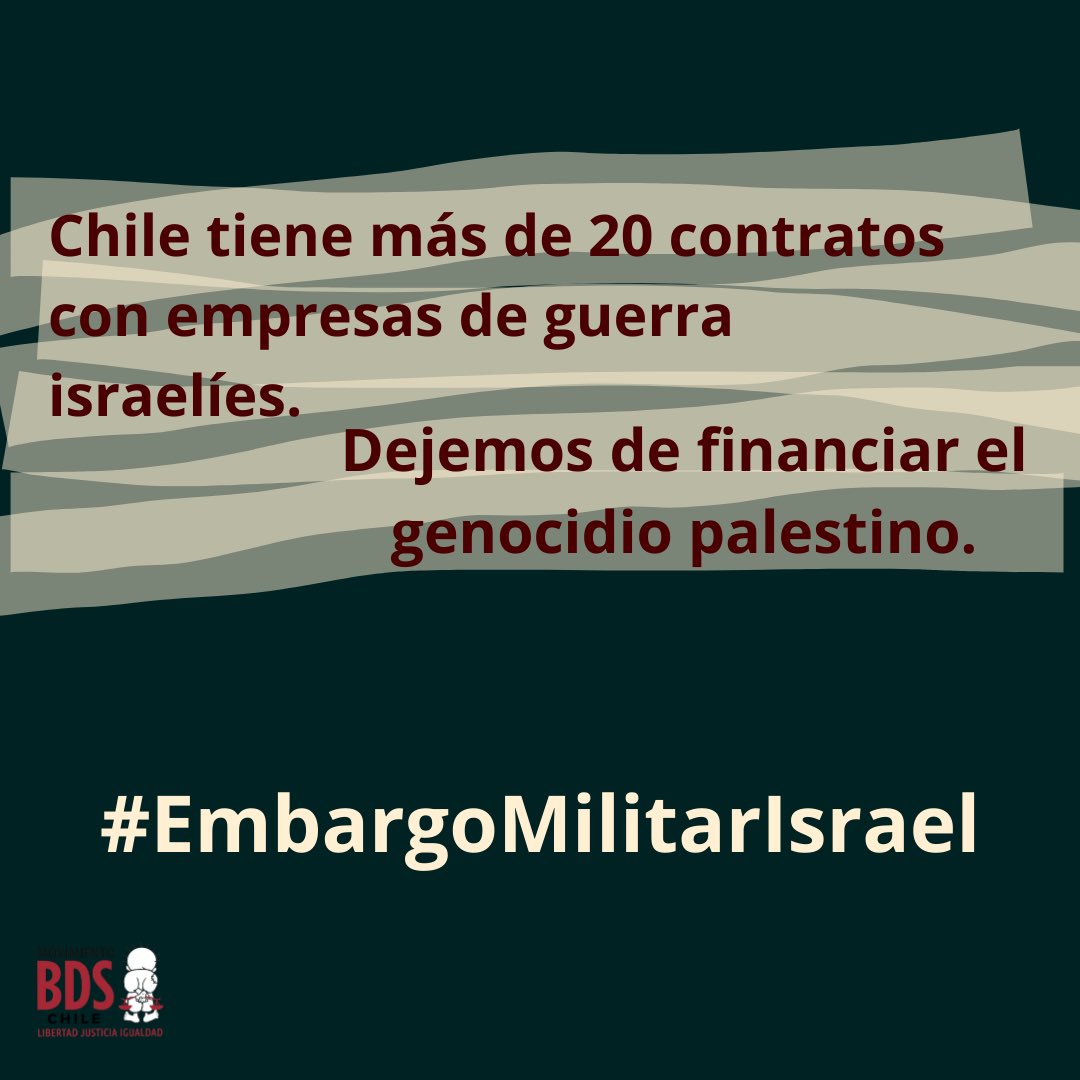 BDS_Chile's tweet photo. Tras 10 meses de genocidio, insistimos en la necesidad de tomar acciones reales contra este crimen. Hemos llamado y seguiremos insistiendo con más fuerza al gobierno por el cese de compra de armas a Israel
 #embargomilitarisrael 
#stopgenocide #cesealfuegoya #genocidioengaza🇵🇸 https://t.co/v3CReEOaQs