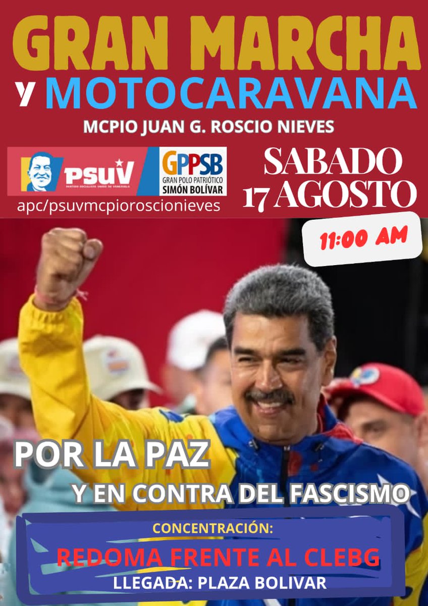 🚩Hoy  vamos todos a la Gran Marcha y Motocaravana por la Paz y en contra del Fascismo.

👉Desde las 11:00 a.m la Contracción en la Redoma, llegada Plaza Bolívar de #SJM
 #VenezuelaSeRespeta
#VenezuelaTerritorioDePaz
<a href="/NicolasMaduro/">Nicolás Maduro</a> 
<a href="/dcabellor/">Diosdado Cabello R</a> 
<a href="/josemvasquez/">José Vásquez</a> 
<a href="/jorgerpsuv/">Jorge Rodríguez</a>