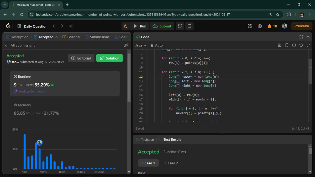 _Sanjay__kumar_'s tweet photo. // August 17, 2024, Saturday      
// 1937. Maximum Number of Points with Cost
#leetcode #Coding_Sanjay #Java #daily_problem https://t.co/aOU3MsoO7F