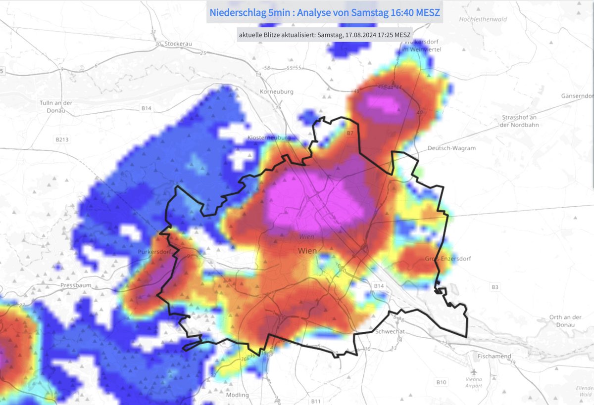 MatthiasMarkel's tweet photo. Wahnsinn - #Wien Hohe Warte meldet über 90 l/m² Niederschlag in einer einzigen Stunde! Dürfte dort sogar ein neuer Augustrekord sein!

Nur zur Einordnung - in einem durchschnittlichen August regnet es an dieser Station im ganzen Monat nicht einmal 70 l/m²

#gewitter #starkregen https://t.co/nLZ0SVOPga