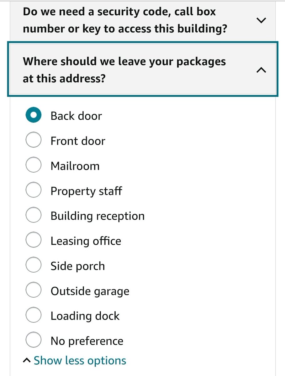LezGrl79's tweet photo. @amazon can we have more options where delivery should be? I specifically say the second floor and the back porch where my door is. But we have no option for a floor or a back porch so they keep leaving it at my basement. I have to choose back door cuz side porch is isn't right. https://t.co/OSoC4dyq3M