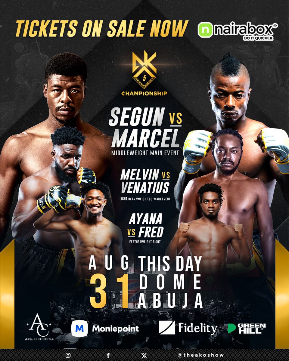 TheAKOShow's tweet image. 🎟️ 𝑻𝑰𝑪𝑲𝑬𝑻𝑺 🎟️ are still on sale for #AKO5 at @nairabox!

Hurry and book your front-row seats to catch every moment up close.

Click the link  to order now: events.nairabox.com/event/669101d6…

#AKO5 #AKOChampionship #MMA #AfricanKnockout #Abuja #Nigeria