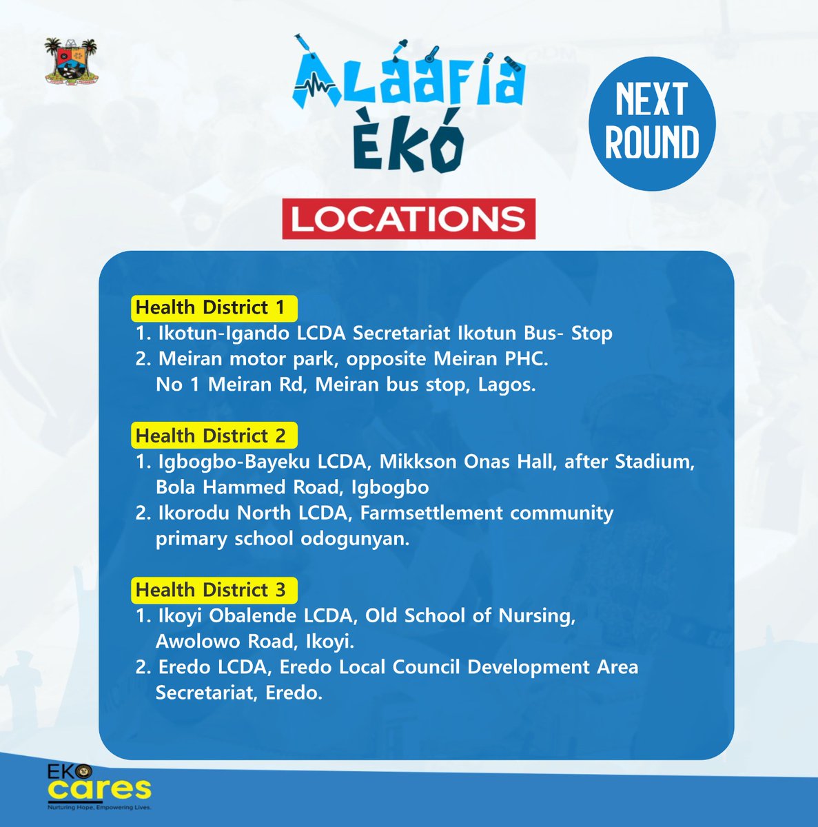 LSMOH's tweet photo. LAGOS FREE MEDICAL OUTREACH "ALAAFIA EKO" RETURNS

The Lagos State Government's free medical outreach "Alaafia Eko", will return on Tuesday, August 20, 2024, at 12 designated centres across the six health districts.

Read more... https://t.co/x39i7ghujv

@jidesanwoolu @Mr_JAGs https://t.co/sWtVaROrXL