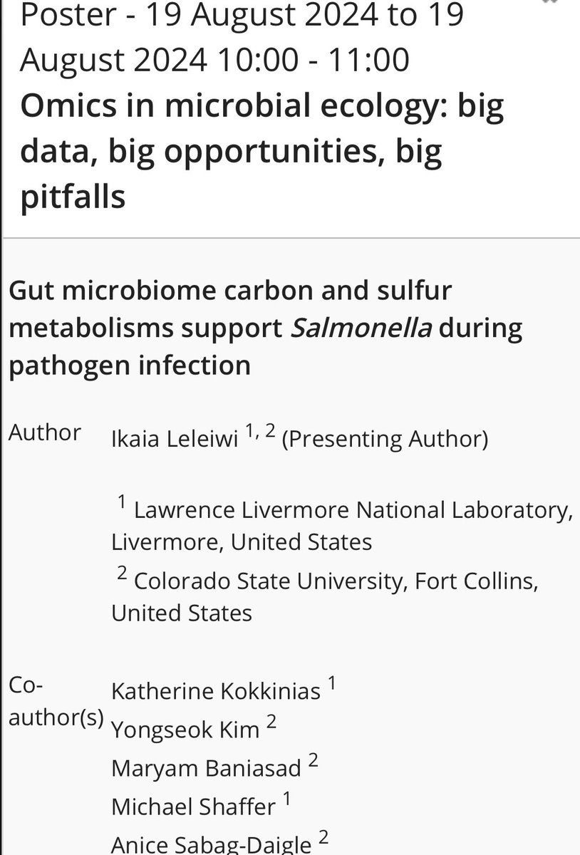 Come see <a href="/IkaiaLeleiwi/">Ikaia</a> presenting his work on gut microbiome C and S metabolism at #ISME19 <a href="/ISME_microbes/">ISME - International Society for Microbial Ecology</a> Monday poster session on ‘omics. PS1.05.021 One of the most expert and deeply thoughtful folks I know working on microbial community sequence analysis!