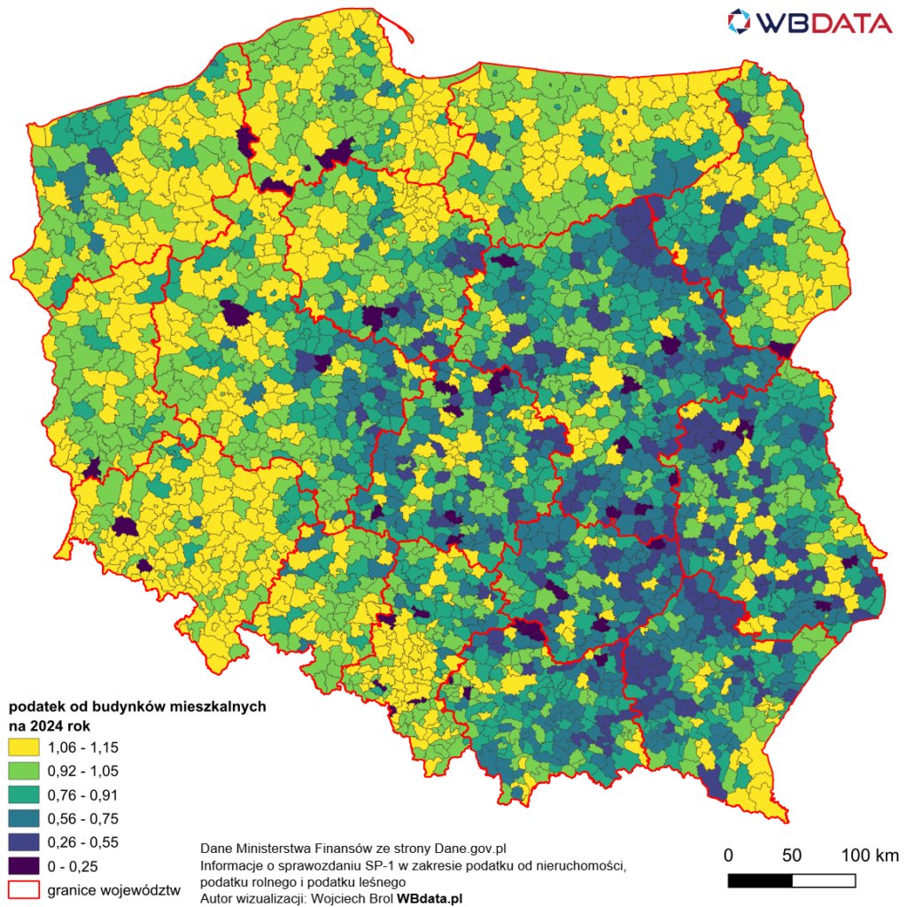 wbdata's tweet image. Mapa przedstawia wysokość podatku od budynków mieszkalnych na 2024 rok według gmin, dane @MF_GOV_PL, artykuł na blogu wbdata.pl/podatek-od-bud… #nieruchomości #podatki