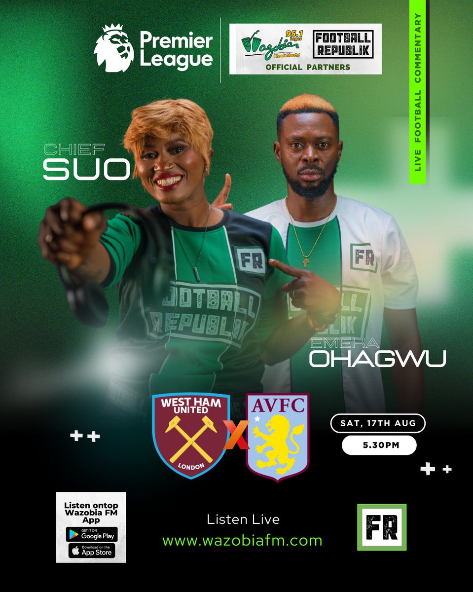 OfficialSuo's tweet image. I’ll be your #OfficialPidginCommentator alongside @Emeka_RFST as we kickoff first of the London Derbies this season tonight. Live from London where The Hammers face off The Villians (you go fear nicknames na! 😂) from 5:30pm ⏰ 

This game go tap sha, catch the cruise…