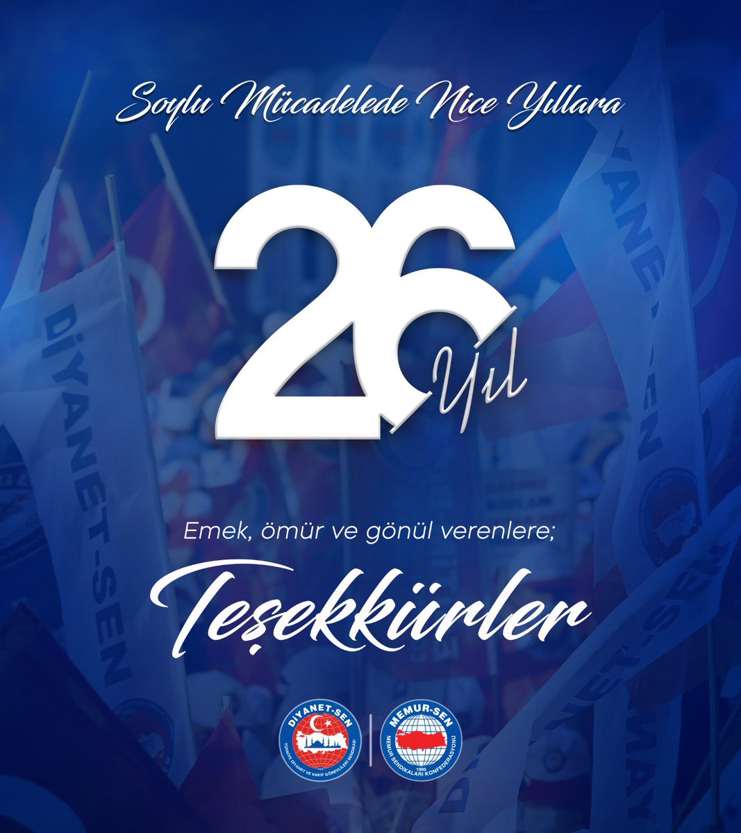 📌Nice 26’ıncı Yıllara Soylu Mücadele.

🔹26’ıncı Kuruluş Yıl Dönümümüz Tüm Camiamıza Hayırlı Olsun.

#SendikacılığınZirvesiDiyanetsen