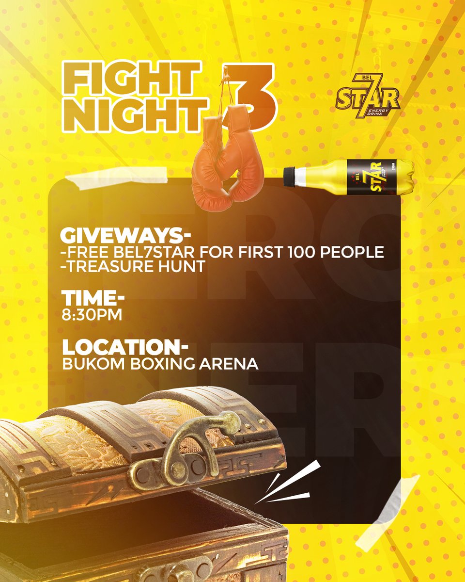 Bel7star's tweet photo. Fight Night 3 is here and the Bukom Boxing Arena is the place to be! We’re hiding treasures all around the arena! Find them and win amazing prizes. Tag your squad let’s turn up the energy tonight! #bel7starboxingleague #bel7starenergy #higherenergy https://t.co/F4Rfiq2LBQ