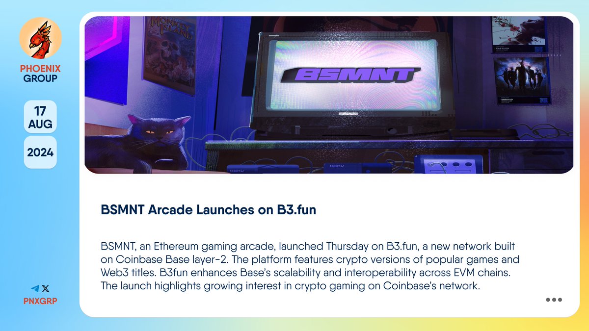 pnxgrp's tweet photo. 🔥 BSMNT Arcade Launches on @b3dotfun
#BSMNT, an #Ethereum gaming arcade, launched Thursday on https://t.co/TaPcpMlraZ, a new network built on #Coinbase Base #layer2. The platform features crypto versions of popular games and #Web3 titles. #B3fun enhances Base’s scalability and interoperability across EVM chains. The launch highlights growing interest in crypto gaming on Coinbase’s network.
👉 https://t.co/PRUEJYMcoy