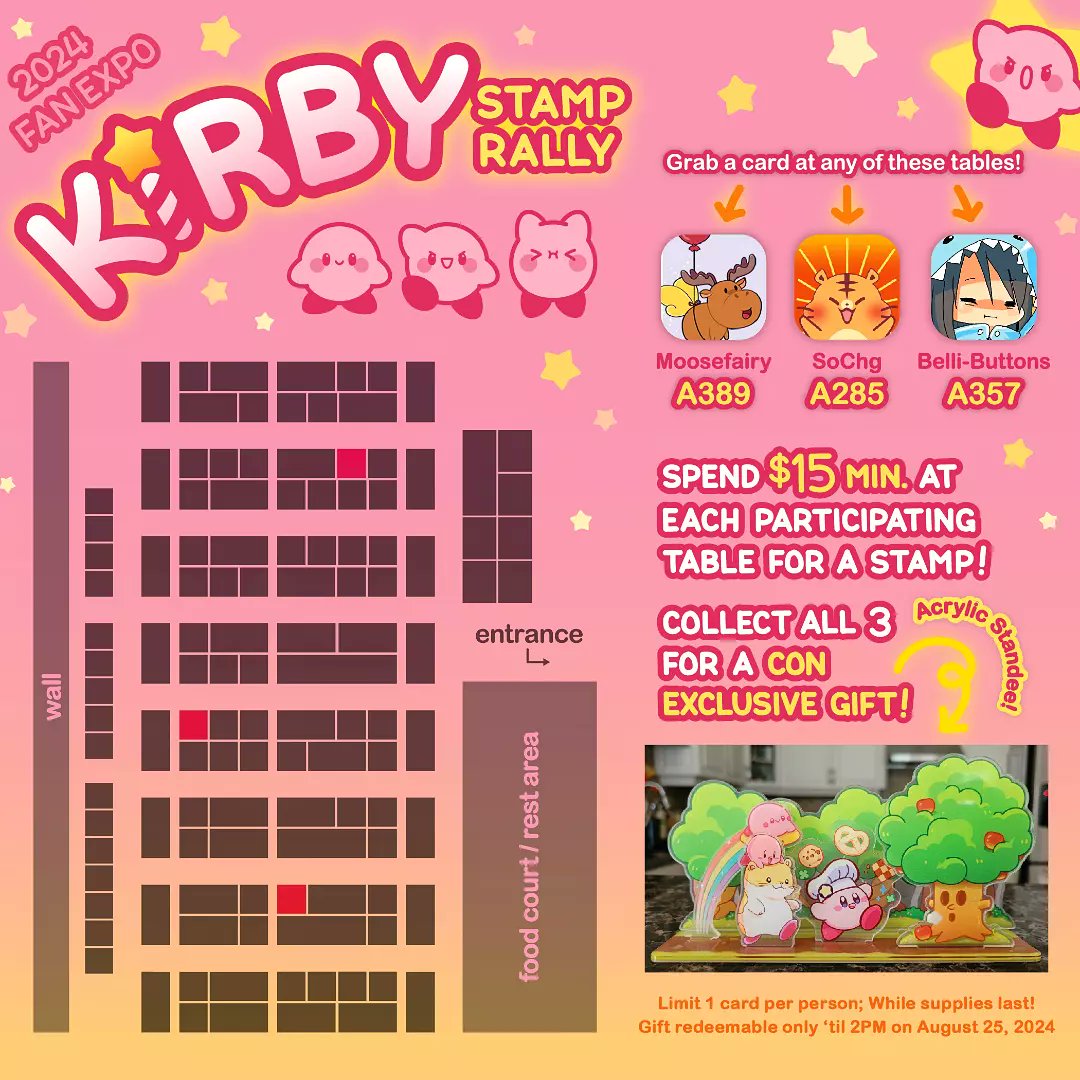 SoChg_'s tweet photo. I'm participating in my first ever Stamp Rally at FanExpo (A285) next week 💖!! It's Kirby themed ⭐ with @jinyjin &amp; @Moosefairy8

Our gift is super cute, but also super limited! We've got a min. $15 at each table requirement~
#kirby https://t.co/bICh0l6PsD