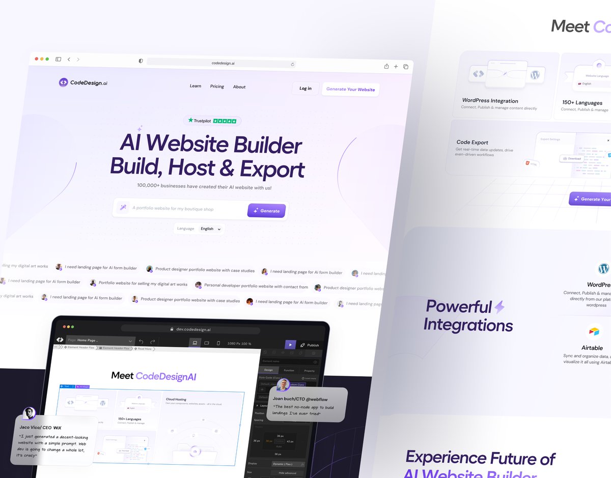 Ai Website Builder Landing Page Design

Redesigned codedesign.ai live website with new aesthetic style and lovely interactions. 

Let me know what do yo think about this redesign?

#redesign #WebsiteDesign #webui #uiuxdesign #minimal #aibuilder #AI #DaretoShare24
