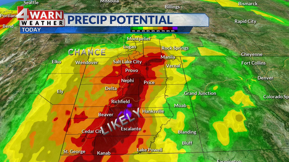 NateLarsenWX's tweet image. #4WARN: Scattered Storms Develop Saturday!

Monsoon flow will trigger scattered storms around the Beehive state Saturday!

A large part of the state has been upgraded to a level 2/5 risk for microburst winds, hail, and flood potential. 

Stay weather aware!

#utwx