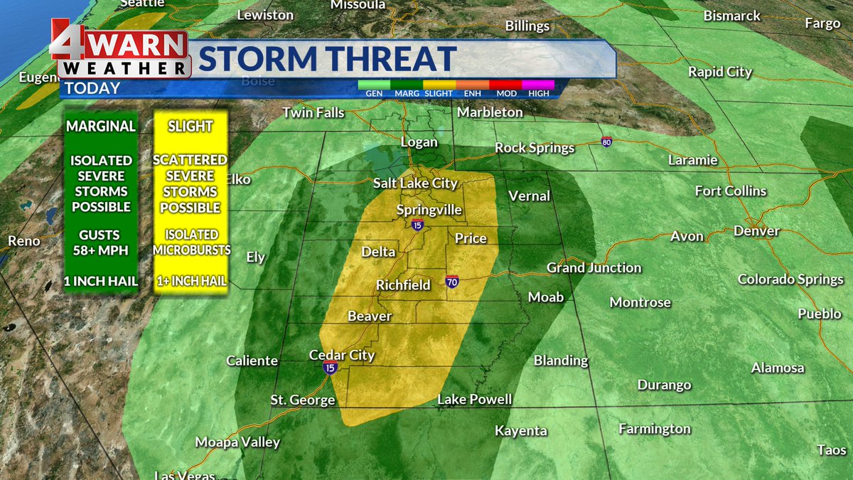 chayneswx's tweet image. #4WARN: Scattered Storms Develop Saturday!

Monsoon flow will trigger scattered storms around the Beehive state Saturday!

A large part of the state has been upgraded to a level 2/5 risk for microburst winds, hail, and flood potential. 

Stay weather aware!

#utwx
