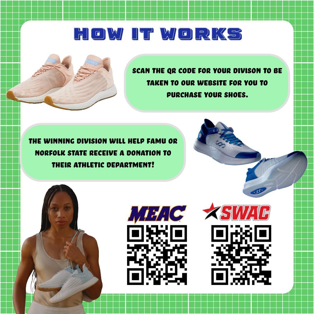 MEAC_SWAC's tweet photo. Step up for your division! 🏆 It's MEAC vs. SWAC in the ultimate Shoe Competition! Scan the QR code, buy your fave Saysh kicks, and let the showdown begin! 🏁 Division with the most purchases = a donation to FAMU or Norfolk State! 👟 #SayshChallenge #MEACvsSWAC #StepUpForYourTeam https://t.co/IJotF3fphw