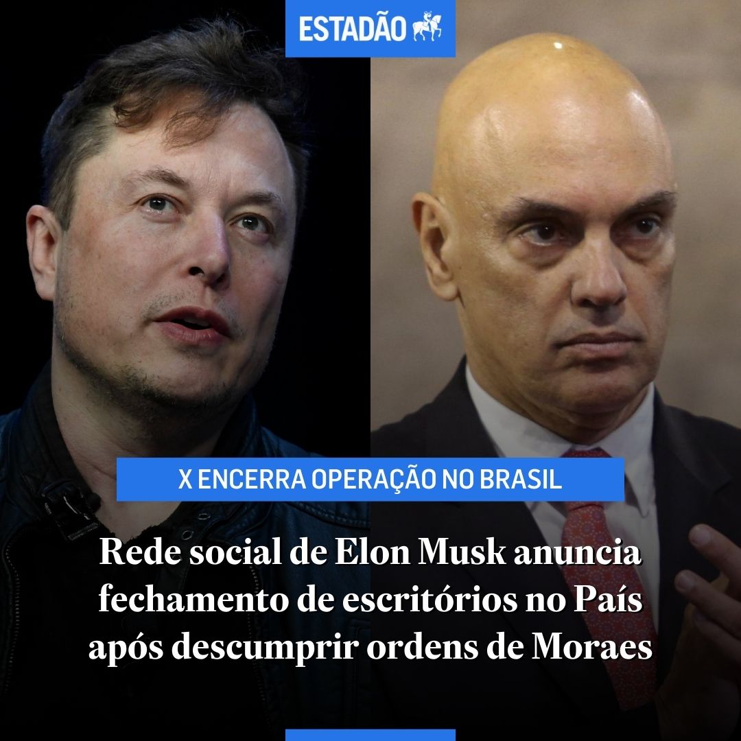 Estadao's tweet photo. X ENCERRA OPERAÇÃO NO BRASIL

Rede social de Elon Musk anuncia fechamento de escritórios no País após descumprir ordens de Moraes

> https://t.co/6gghJmAcHq

Fotos: Susan Walsh/AP e Pedro Kirilos/Estadão https://t.co/MAUhJGtl9V