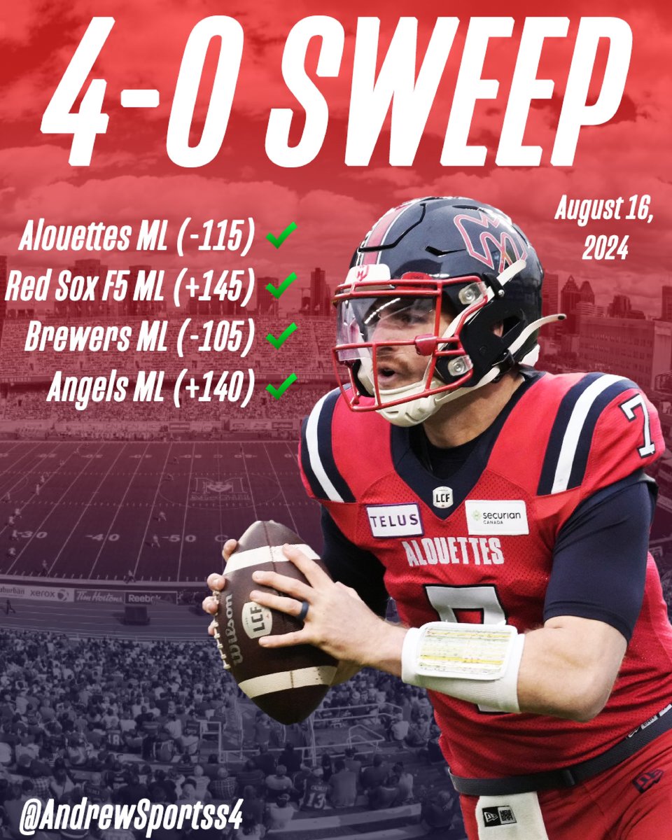 AndrewSportss4's tweet image. 🗓️ August 16, 2024 Recap: 4-0, (+12.28u) 🍀

• Alouettes ML (-115) / (+0.87u) ✅
• Red Sox F5 ML (+145) / (+4.35u) ✅
• Brewers ML (-105) / (+2.86u) ✅
• Angels ML (+140) / (+4.2u) ✅

1-0 on the free play. 💰

3-0 for (VIP). 💰

One day at a time! 💯