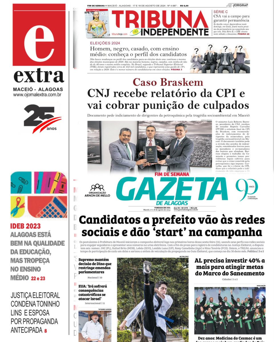 clippingnoticia's tweet photo. Ideb, Braskem, Eleições municipais são destaques no jornais impressos de hoje: Extra, Gazeta de Alagoas e Tribuna Independente. https://t.co/bmubOmNrsH
