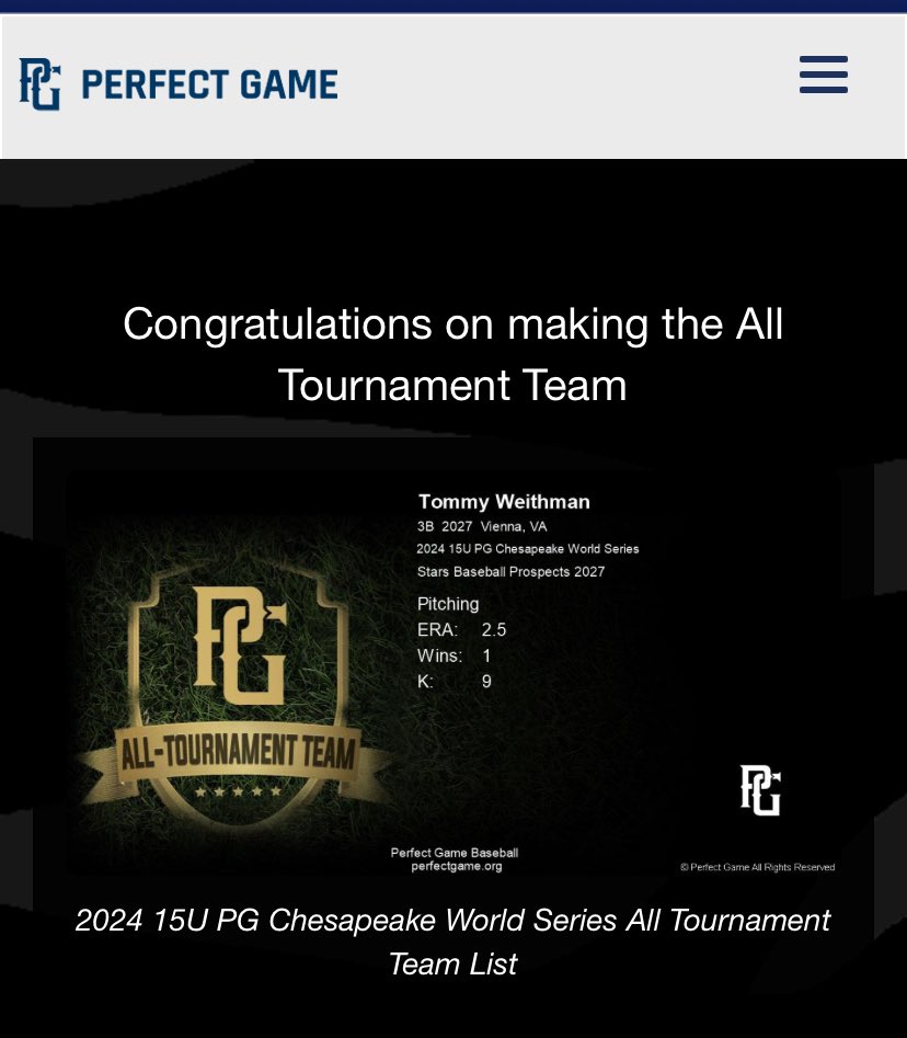 Tommy Weithman (@tommyweithman) on Twitter photo Proud to have made the All Tournament Team at 15u <a href="/PerfectGameUSA/">Perfect Game USA</a> Chesapeake World Series <a href="/DJOBaseball/">O'Connell Baseball</a> Proud to have made the All Tournament Team at 15u <a href="/PerfectGameUSA/">Perfect Game USA</a> Chesapeake World Series <a href="/DJOBaseball/">O'Connell Baseball</a>