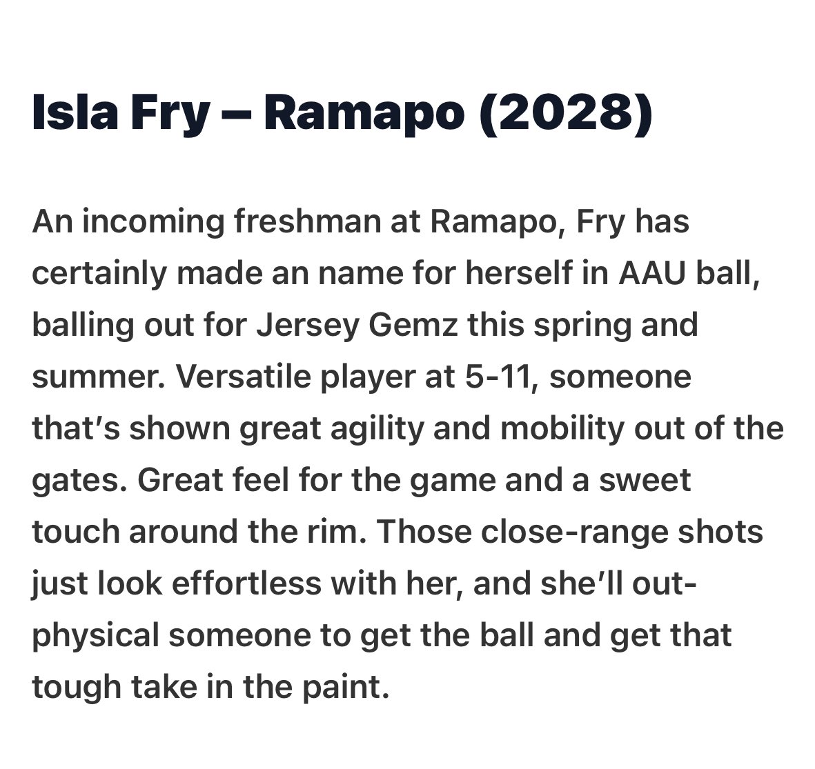 Isla Fry (@small_fry_2028) on Twitter photo Thank you <a href="/PGHNewJersey/">Prep Girls Hoops New Jersey</a> for the write-up from <a href="/Hoops4Ms/">HOOPS4MS</a> !!
<a href="/RamapoGirls/">Ramapo Girls Basketball</a>
<a href="/Jersey_gemz/">Jersey Gemz</a>
<a href="/CoachRose12/">Rose</a> Thank you <a href="/PGHNewJersey/">Prep Girls Hoops New Jersey</a> for the write-up from <a href="/Hoops4Ms/">HOOPS4MS</a> !!
<a href="/RamapoGirls/">Ramapo Girls Basketball</a>
<a href="/Jersey_gemz/">Jersey Gemz</a>
<a href="/CoachRose12/">Rose</a>