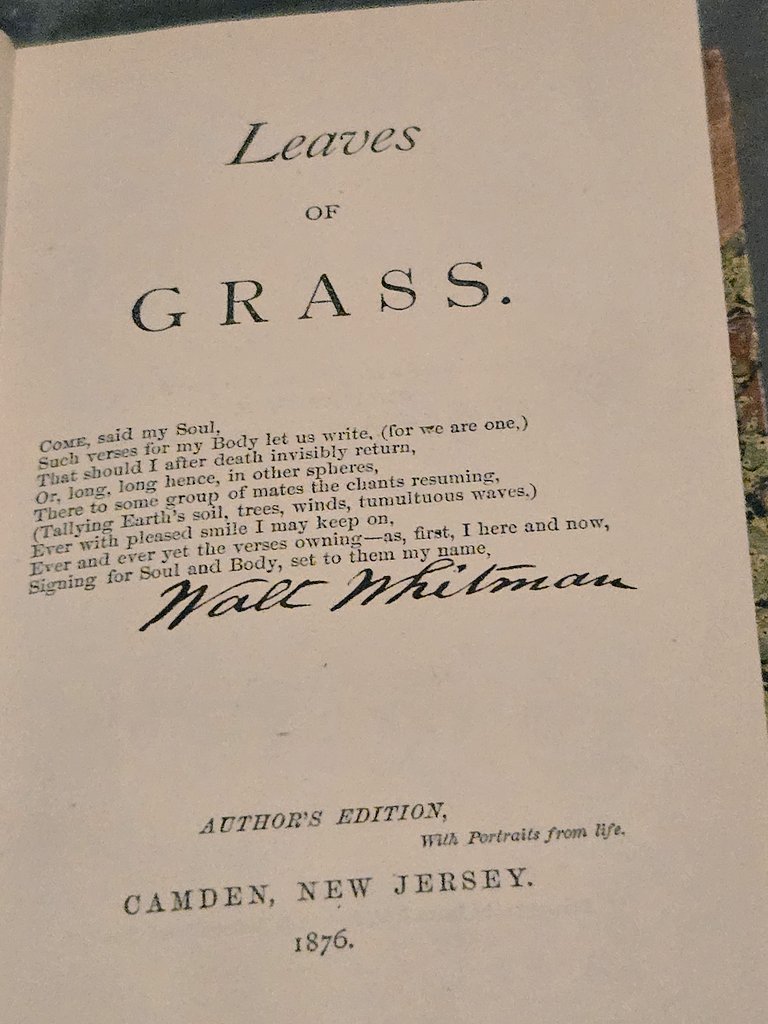 CrazyTeslaLady's tweet image. Was overly excited to see this signed author&apos;s edition of #LeavesofGrass by #WaltWhitman at the #MBRLibrary!