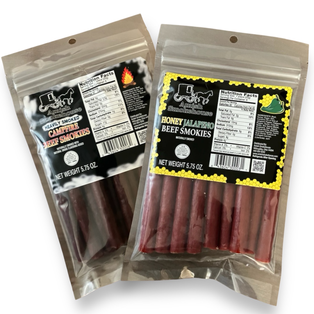 Introducing our two new beef smokie flavors:  Heavily Smoked Campfire Beef Smokie and Honey Jalapeno Beef Smokies.  Only $5.00 a bag.  Get these today!

amishsmokehouse.com

#amishsmokehouse #beefjerky #campfire #honey #jalapeno #smokies