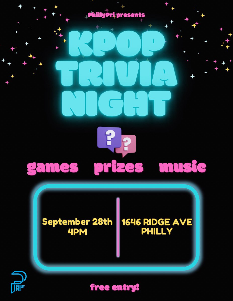 phillypri's tweet photo. Kicking off PhillyPri Fall 2024 with KPop Trivia Night!! Hope you can come out and join in on the fun!!
#kpoptrivia #kpopgames #kpopgamenight #kpopevent #kpopevents #kculture #letskculturetogether #phillyprievents #phillypri https://t.co/tLZ7eH2Jv6