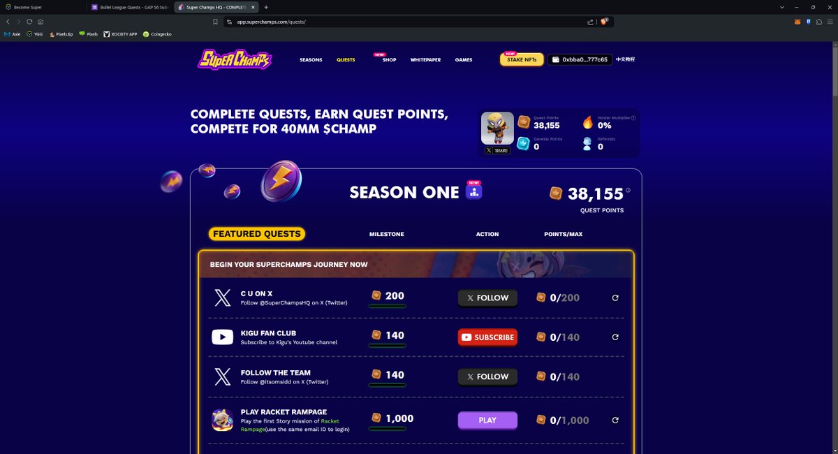 rsslpe5's tweet photo. Just Completed the YGG Guild Advancement Program Season 6 Quest in bullet league! $CHAMP 
#YGGxBulletLeague #YGGGAPS6 
@YieldGuild @SuperChampsHQ https://t.co/Qs7Br4wNA3