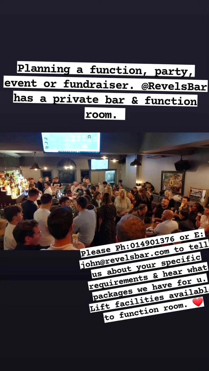 RevelsBar's tweet image. Planning a private party or event?? Check out the private bar/function room @therevelsbar. Various packages available. Get in touch by e: john@revelsbar.com or visit Revelsbar.com🎈
#functions #functionroom #birthdays #themenights #racenight #quiz #funerals #celebration
