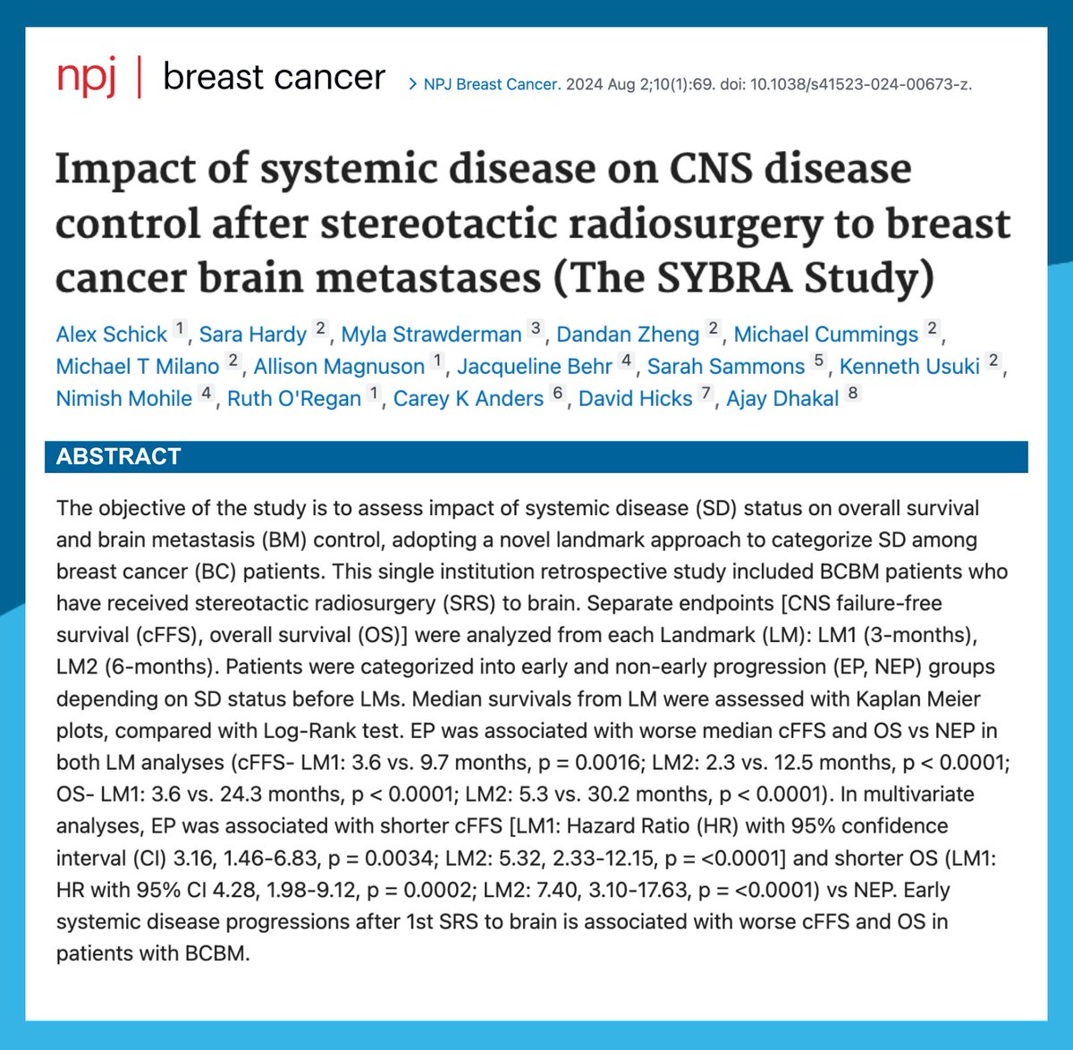 Dana-Farber’s Breast Oncology Center (@dfci_breastonc) on Twitter photo New📰Impact of systemic disease on CNS disease control after #StereotacticRadiosurgery to #BreastCancerBrainMetastases (The SYBRA Study)
👉pubmed.ncbi.nlm.nih.gov/39095465/ <a href="/drsarahsam/">Dr Sarah Sammons</a> <a href="/AlexInMed/">Alex Schick</a> <a href="/FighterRad/">Dandan Zheng</a> <a href="/MichaelTMilano/">Michael Milano</a> <a href="/DrAllisonMags/">Allison Magnuson, DO, MS</a> <a href="/NimishMohile/">Nimish Mohile (he/him)</a> <a href="/oreganruth/">Ruth O'Regan</a> <a href="/CareyAnders1/">Carey Anders</a> <a href="/DhakalAjay/">ajay dhakal</a> New📰Impact of systemic disease on CNS disease control after #StereotacticRadiosurgery to #BreastCancerBrainMetastases (The SYBRA Study)
👉pubmed.ncbi.nlm.nih.gov/39095465/ <a href="/drsarahsam/">Dr Sarah Sammons</a> <a href="/AlexInMed/">Alex Schick</a> <a href="/FighterRad/">Dandan Zheng</a> <a href="/MichaelTMilano/">Michael Milano</a> <a href="/DrAllisonMags/">Allison Magnuson, DO, MS</a> <a href="/NimishMohile/">Nimish Mohile (he/him)</a> <a href="/oreganruth/">Ruth O'Regan</a> <a href="/CareyAnders1/">Carey Anders</a> <a href="/DhakalAjay/">ajay dhakal</a>