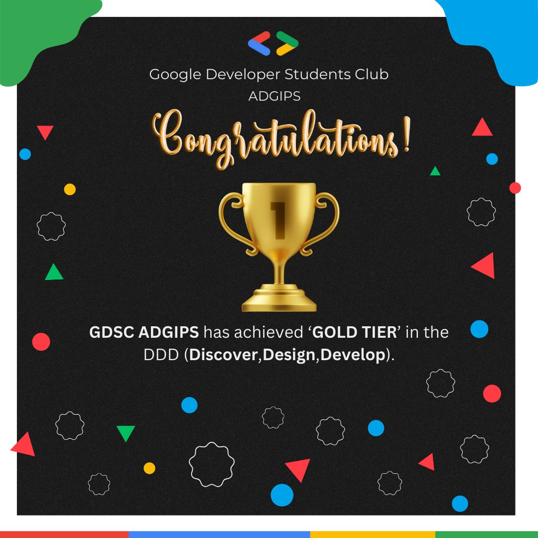 GdscAdgips's tweet image. GDSC ADGIPS successfully completed DDD—Design, Discover, Develop with GOLD TIER!🔥
With strong student contributions, we proudly achieved the Gold Tier while gaining hands-on experience in Machine Learning, Flutter, and Android under expert mentorship.✨