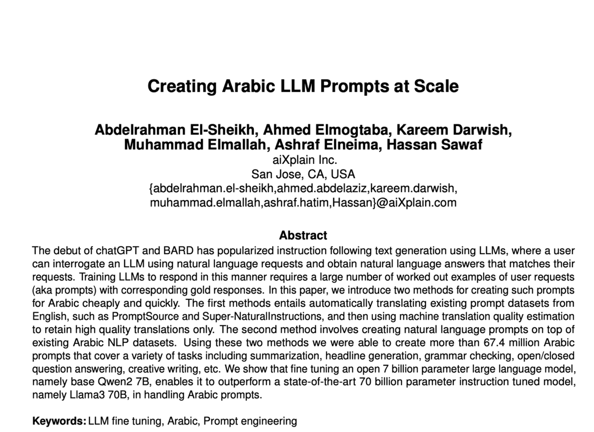 vlruso's tweet image. aiXplain Researchers Develop Innovative Approaches for Arabic Prompt Instruction Following with LLMs

itinai.com/aixplain-resea…

#ArabicLanguageModels #AIResearch #PromptGeneration #ArabicNLP #AIInnovation #ai #news #llm #ml #research #ainews #innovation #artificialintelligence #…