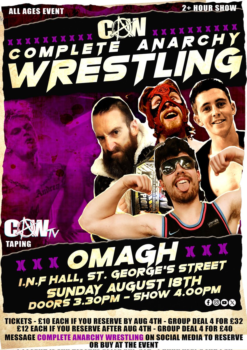 🚨 TOMORROW 🚨
CAW returns to 
🏛 INF Hall, Omagh at 4pm
🎟 Tickets available on the door. Message to reserve to get first entry at 3.30pm 🎟

Two huge title matches plus much more!
