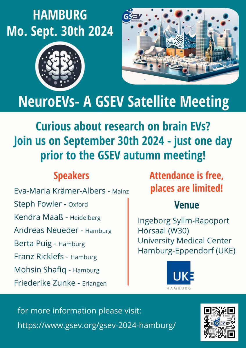 German Society for Extracellular Vesicles (@gsevorg) on Twitter photo NeuroEVs - #GSEV2024 Satellite Meeting in Hamburg!
📅 Save the date: Sept 30, 2024
🔬 Dive into the latest brain EV research with top experts!
📍 Location: UKE Hamburg
Email registration s.brenna@uke.de (Subject: "NeuroEV registration")
More info: gsev.org/gsev-2024-hamb…
#NeuroEV NeuroEVs - #GSEV2024 Satellite Meeting in Hamburg!
📅 Save the date: Sept 30, 2024
🔬 Dive into the latest brain EV research with top experts!
📍 Location: UKE Hamburg
Email registration s.brenna@uke.de (Subject: "NeuroEV registration")
More info: gsev.org/gsev-2024-hamb…
#NeuroEV